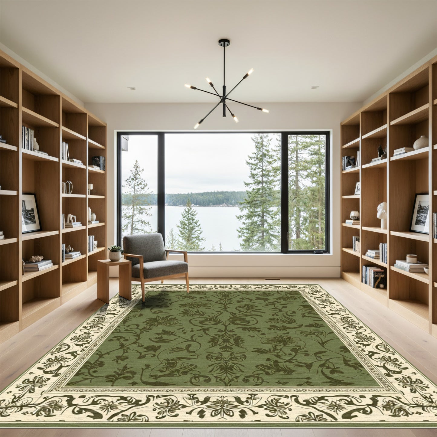 Olive Green Floral Botanic Border Rug