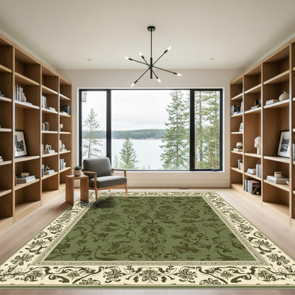 Olive Green Floral Botanic Border Rug
