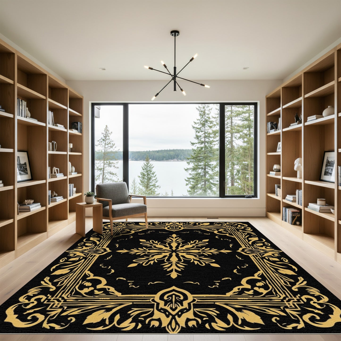 Golden Black Ornate Floral Medallion Rug