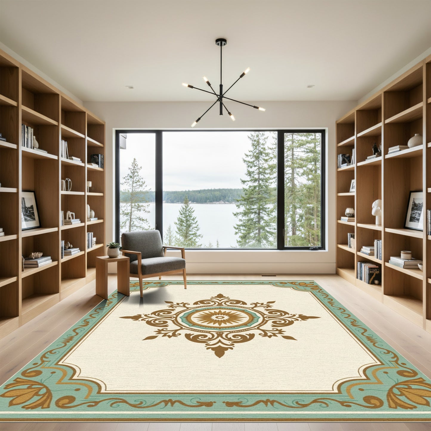 Brown Teal Sunburst Medallion Frame Rug