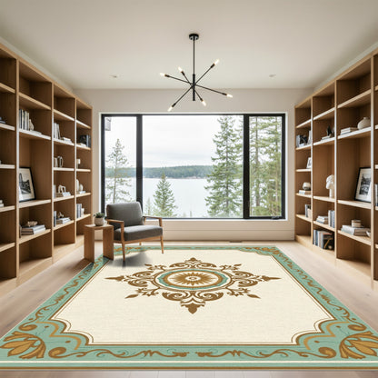 Brown Teal Sunburst Medallion Frame Rug