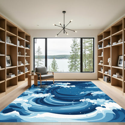 Deep Blue Oceanic Wave Crest Rug