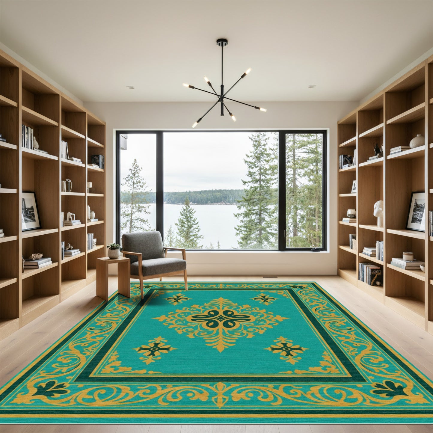 Regal Teal Gold Medallion Border Rug