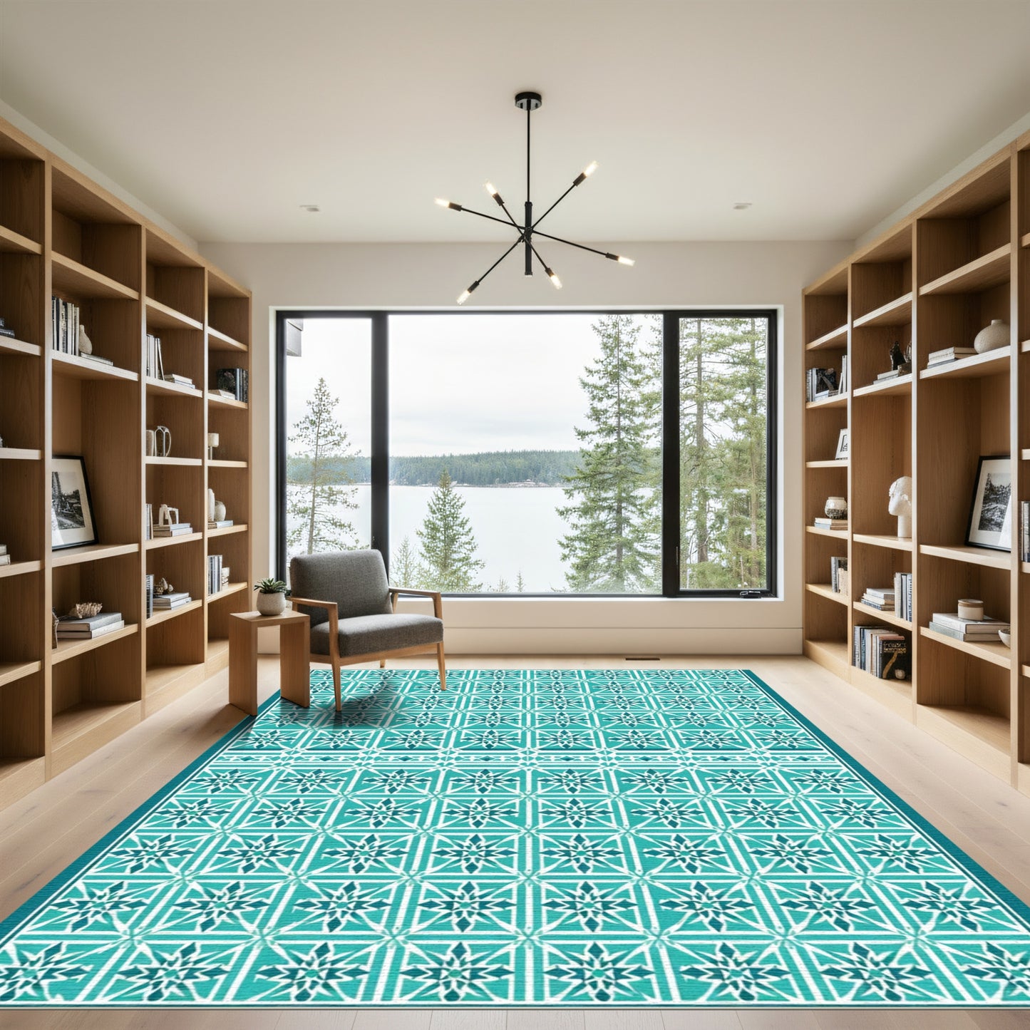 Teal White Geometric Starburst Tile Rug