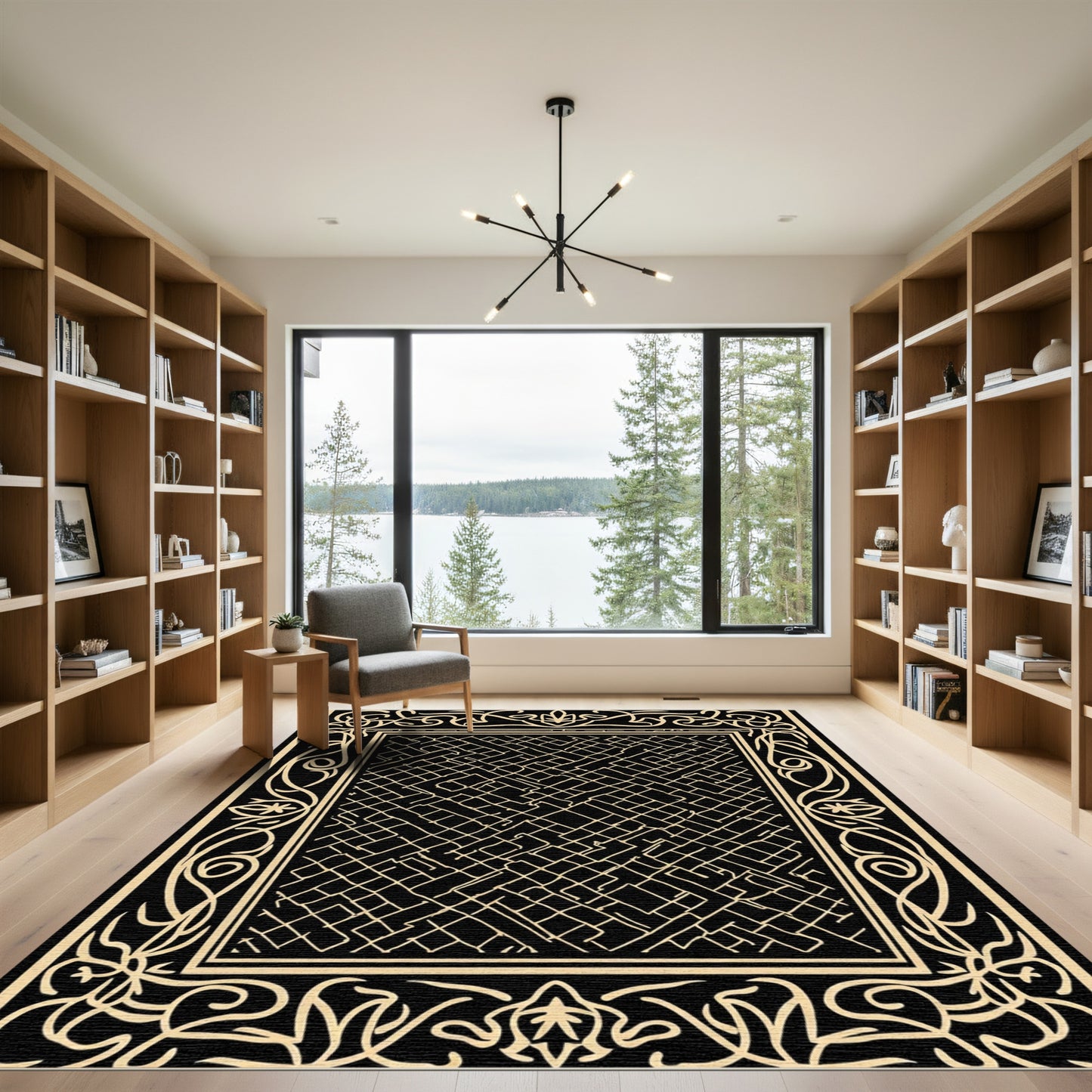 Black Cream Geometric Intertwined Border Rug