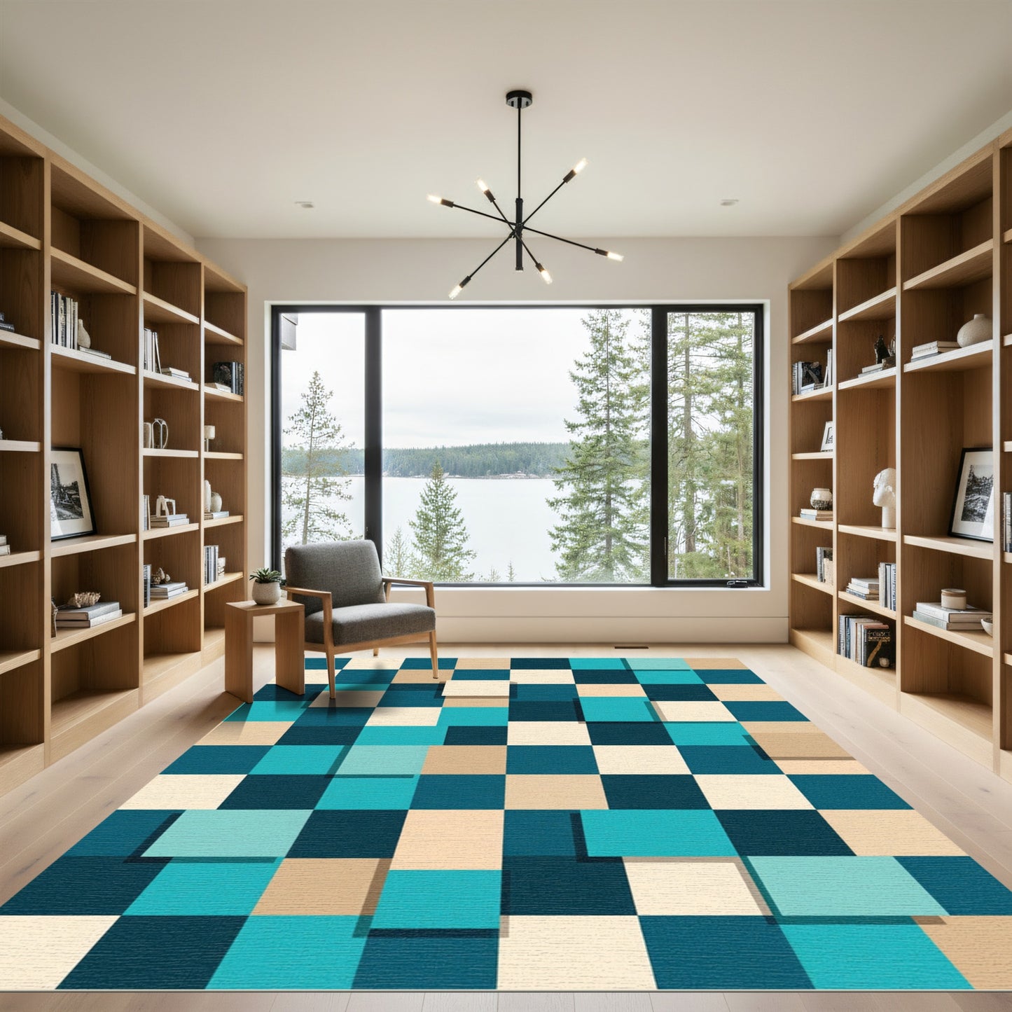 Teal Cream Geometric Square Layered Rug