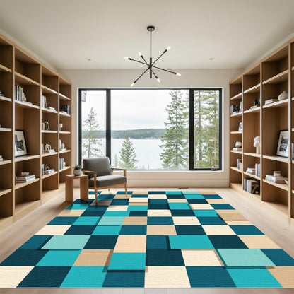Teal Cream Geometric Square Layered Rug