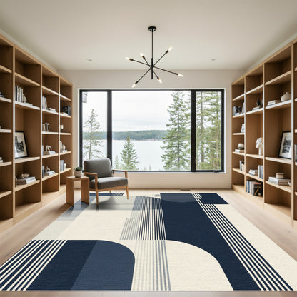 Navy Cream Abstract Geometric Stripe Rug