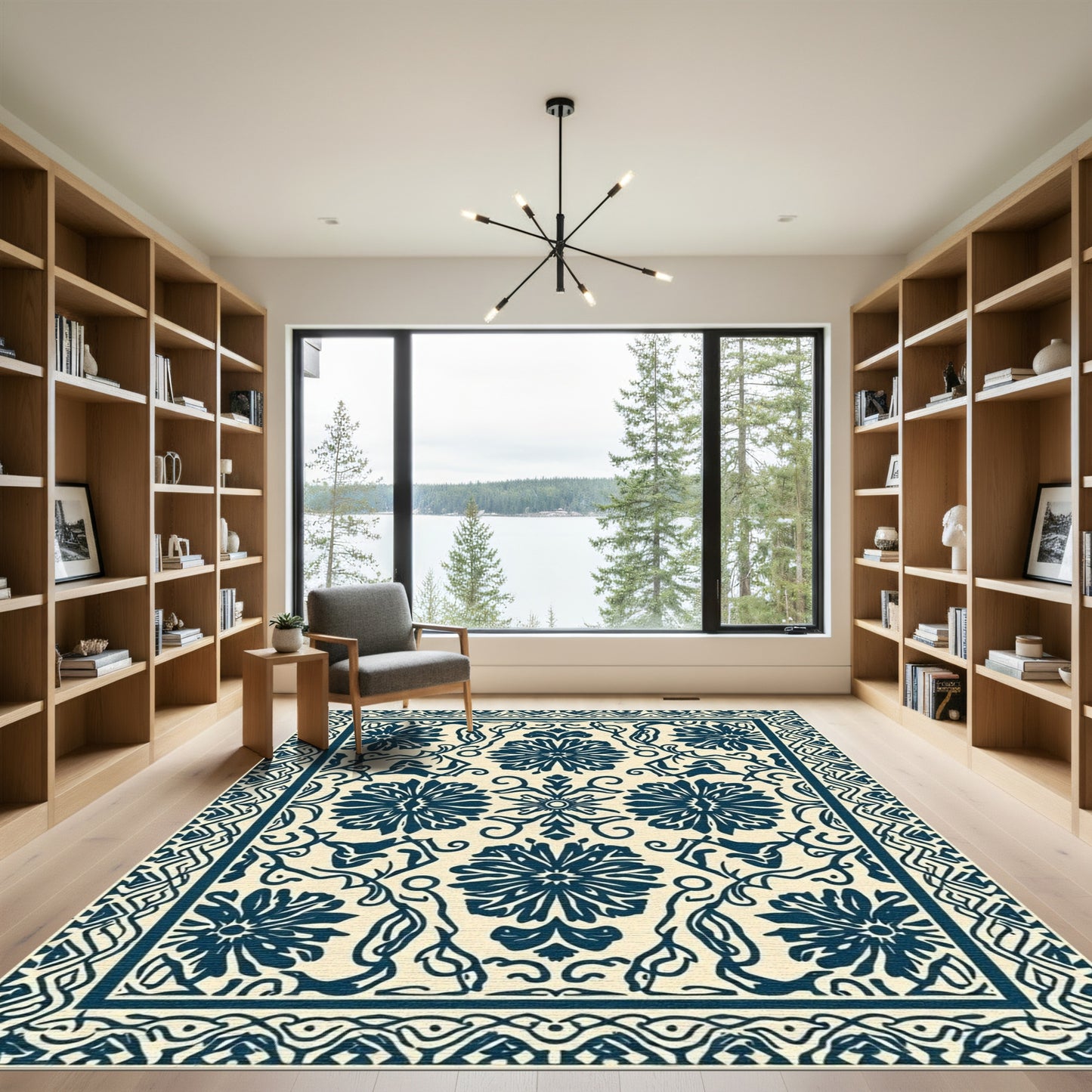 Navy Blue Floral Scroll Relief Rug