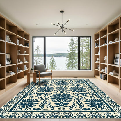Navy Blue Floral Scroll Relief Rug