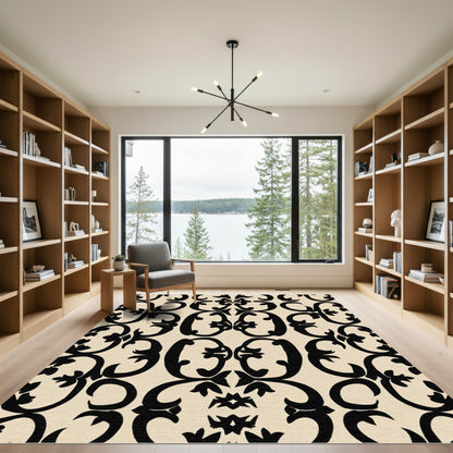 Black Cream Classic Scroll Medallion Rug