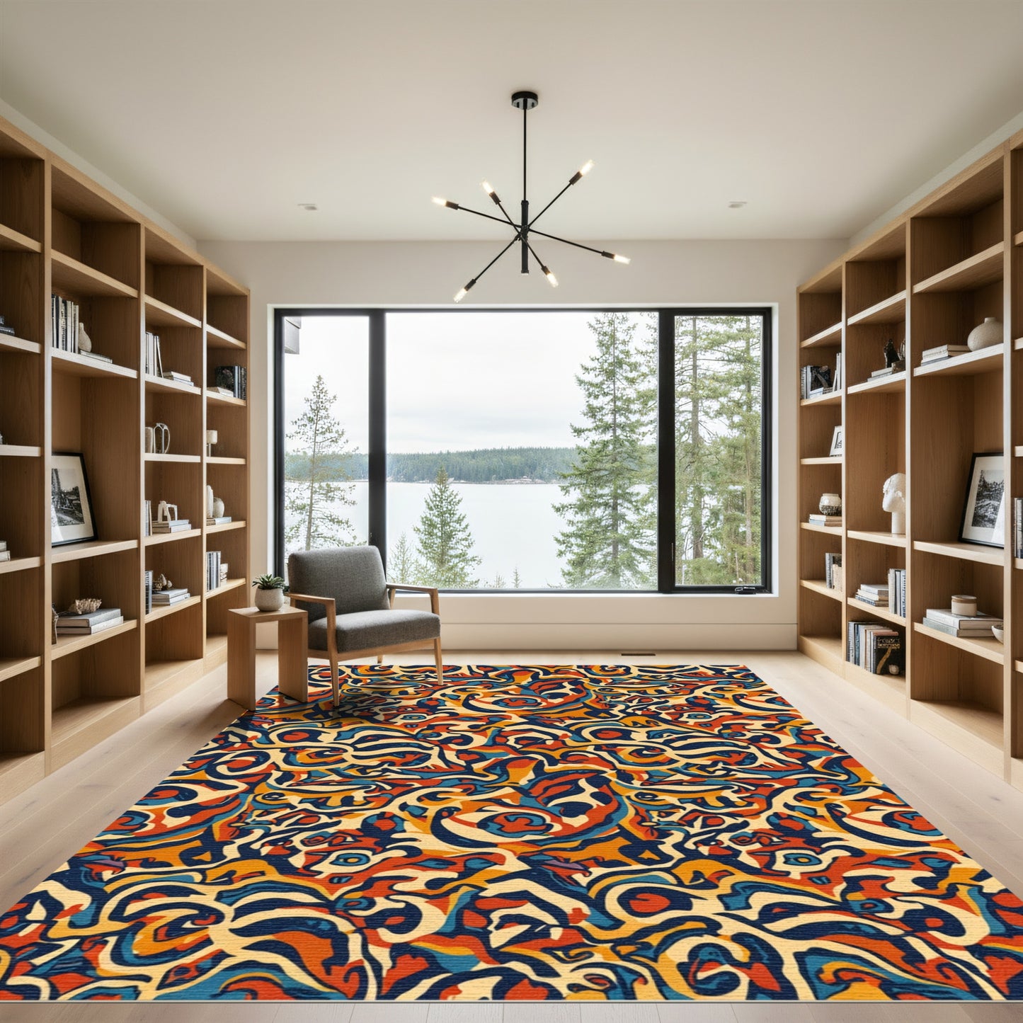 Abstract Retro Swirls Ochre Navy Red Rug