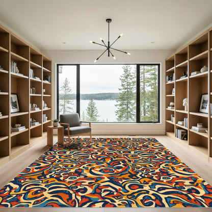 Abstract Retro Swirls Ochre Navy Red Rug