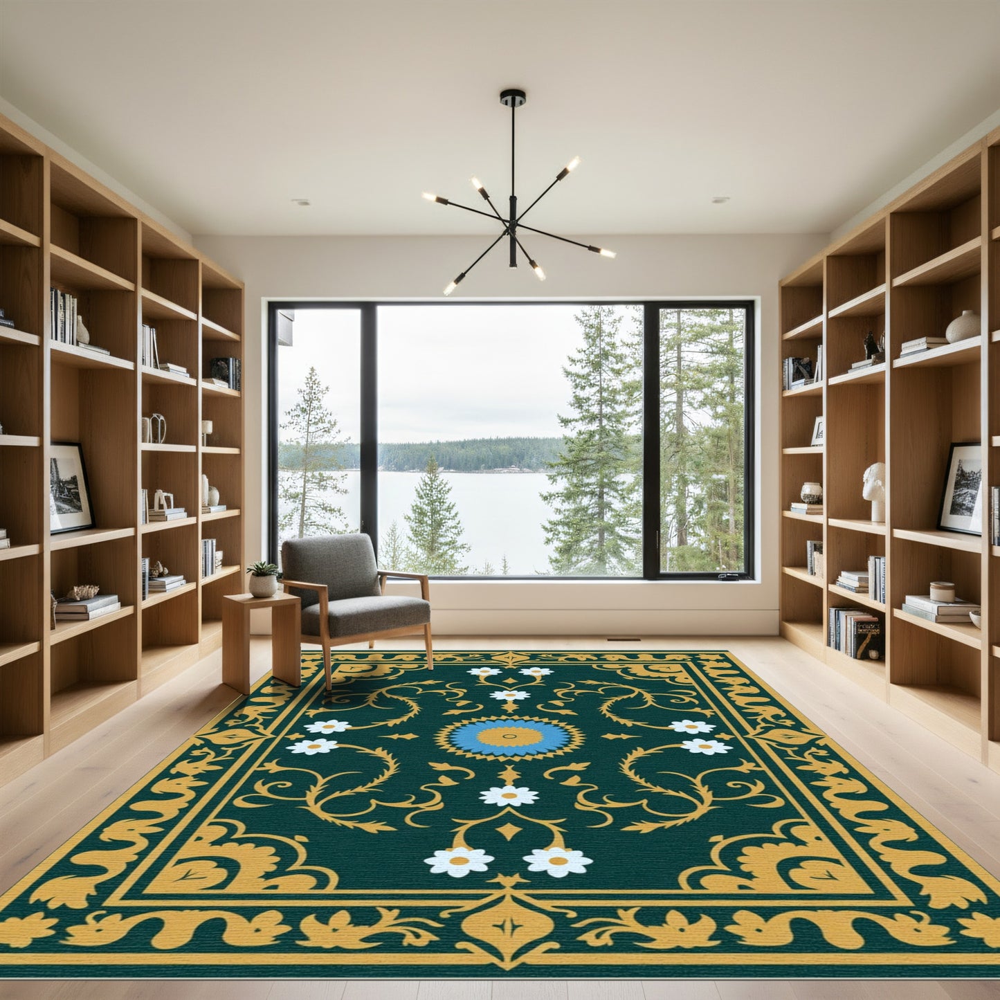 Deep Green Golden Floral Medallion Rug