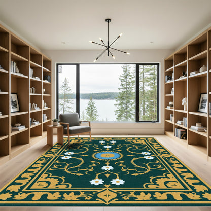 Deep Green Golden Floral Medallion Rug