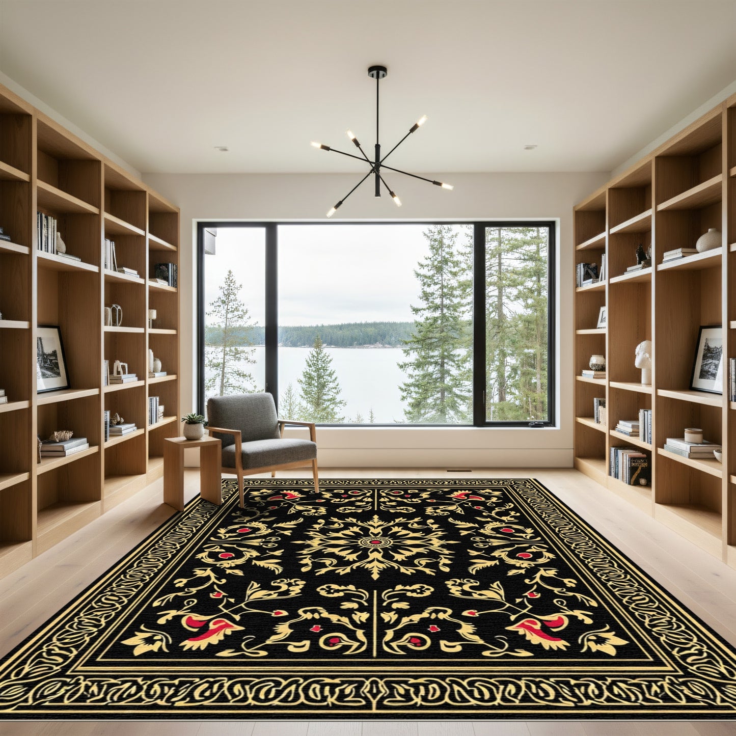 Classical Black Gold Red Floral Medallion Rug