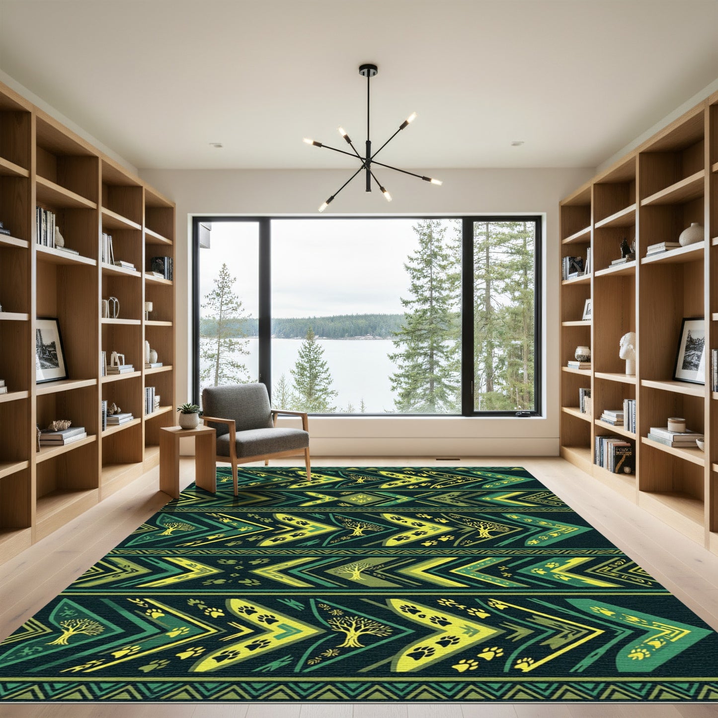Tribal Green Yellow Paw Tree Arrows Rug