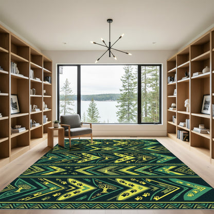 Tribal Green Yellow Paw Tree Arrows Rug