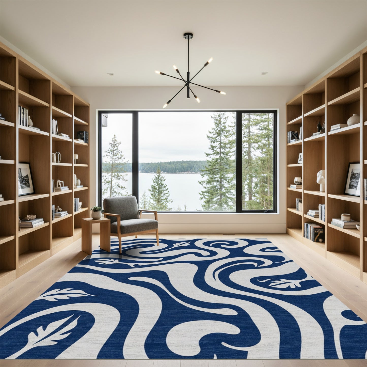 Deep Blue Flowing Foliage Swirls Rug
