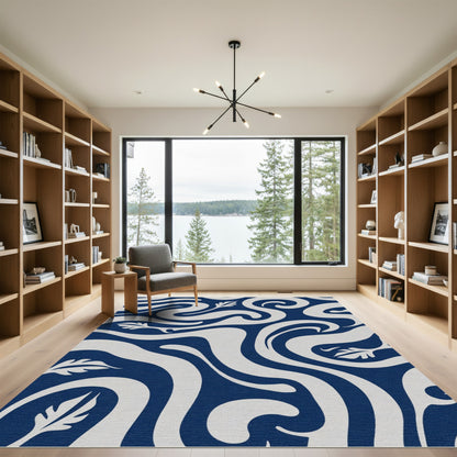Deep Blue Flowing Foliage Swirls Rug