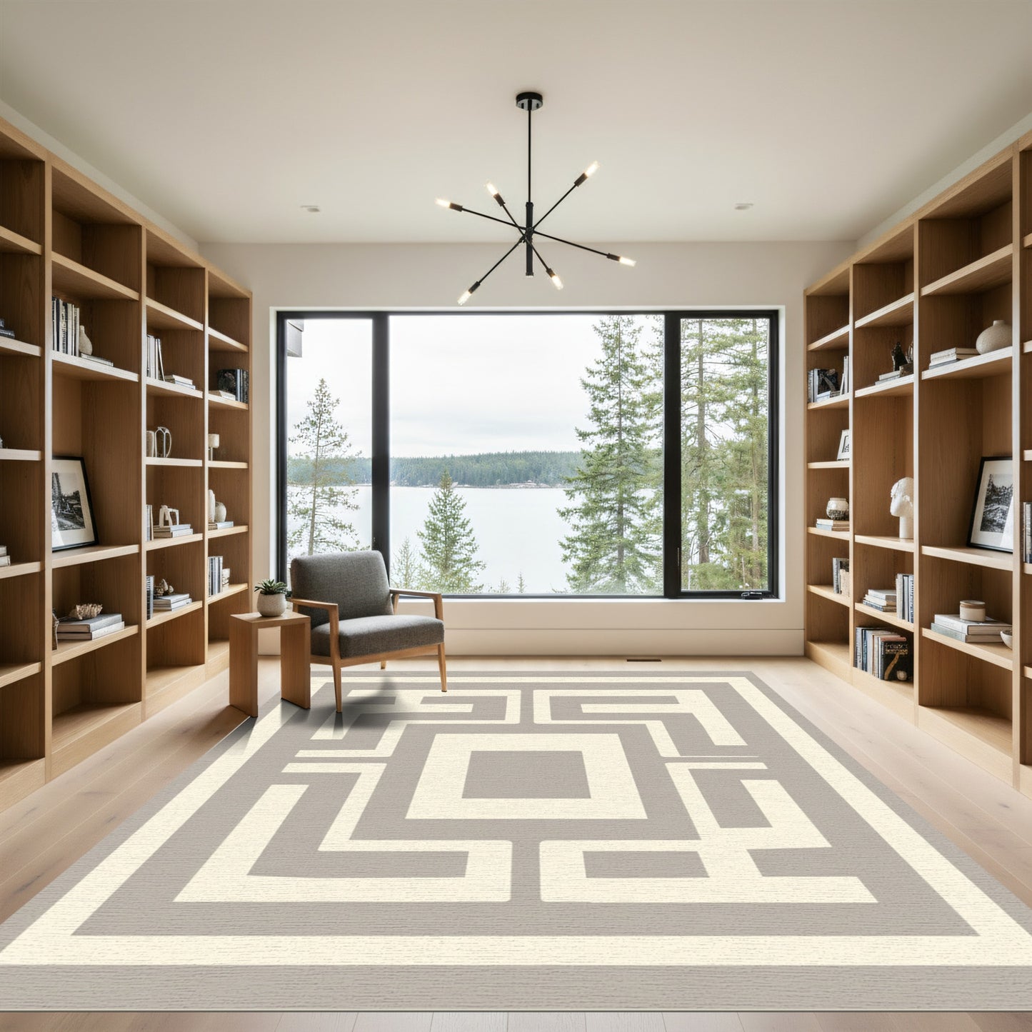 Beige Geometric Maze Square Rug