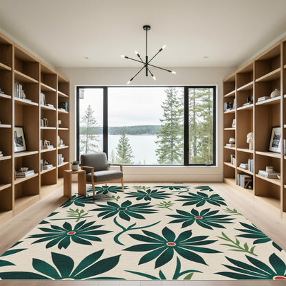 Dark Green Floral Compositions on Cream Rug
