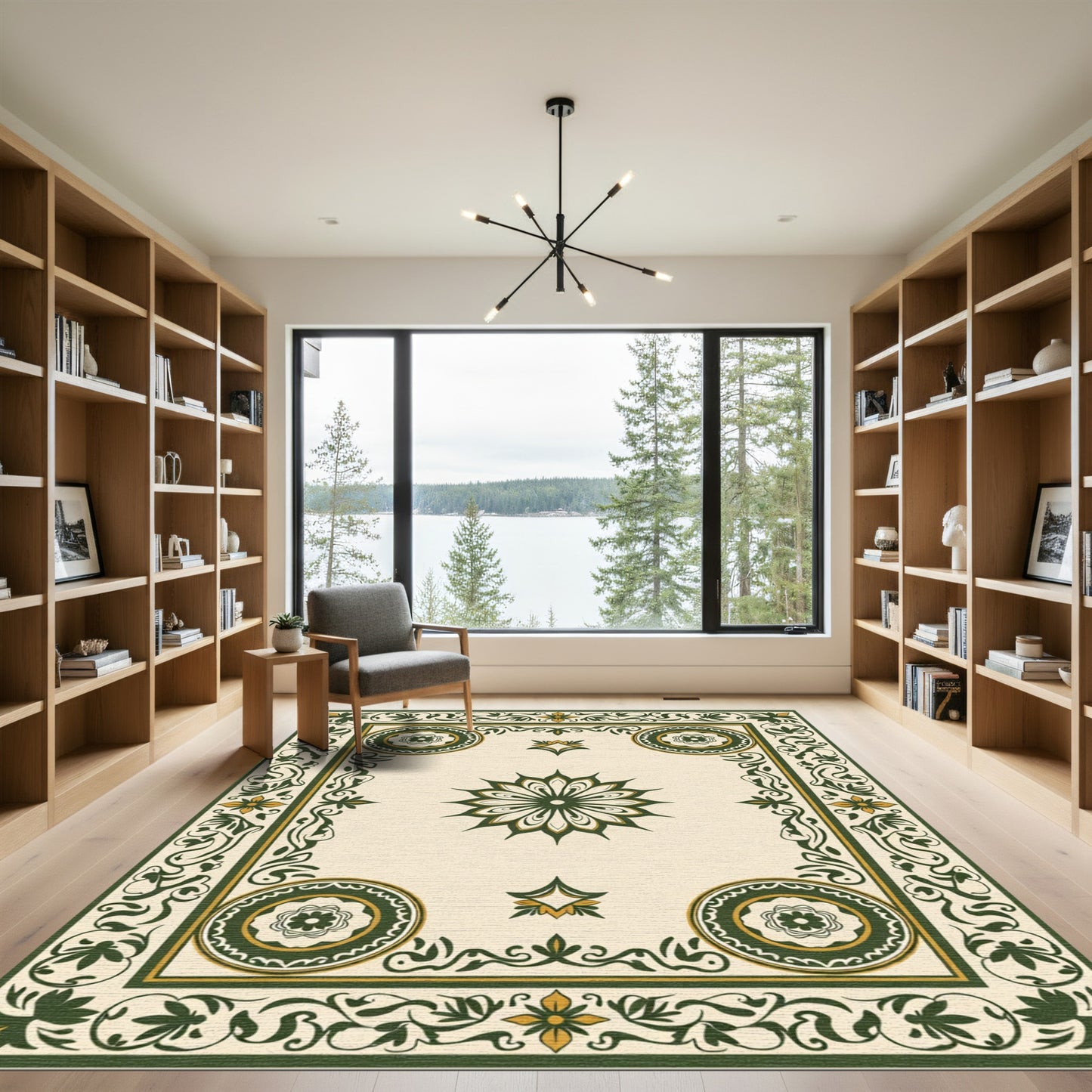 Green Ivory Floral Medallion Border Rug