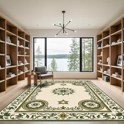 Green Ivory Floral Medallion Border Rug