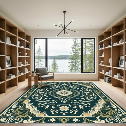 Deep Jade Floral Medallion Rug