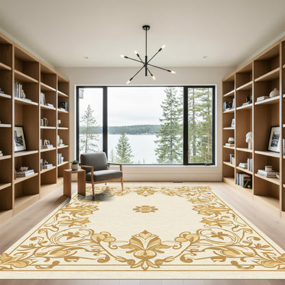 Ochre Floral Scroll Vine Border Rug