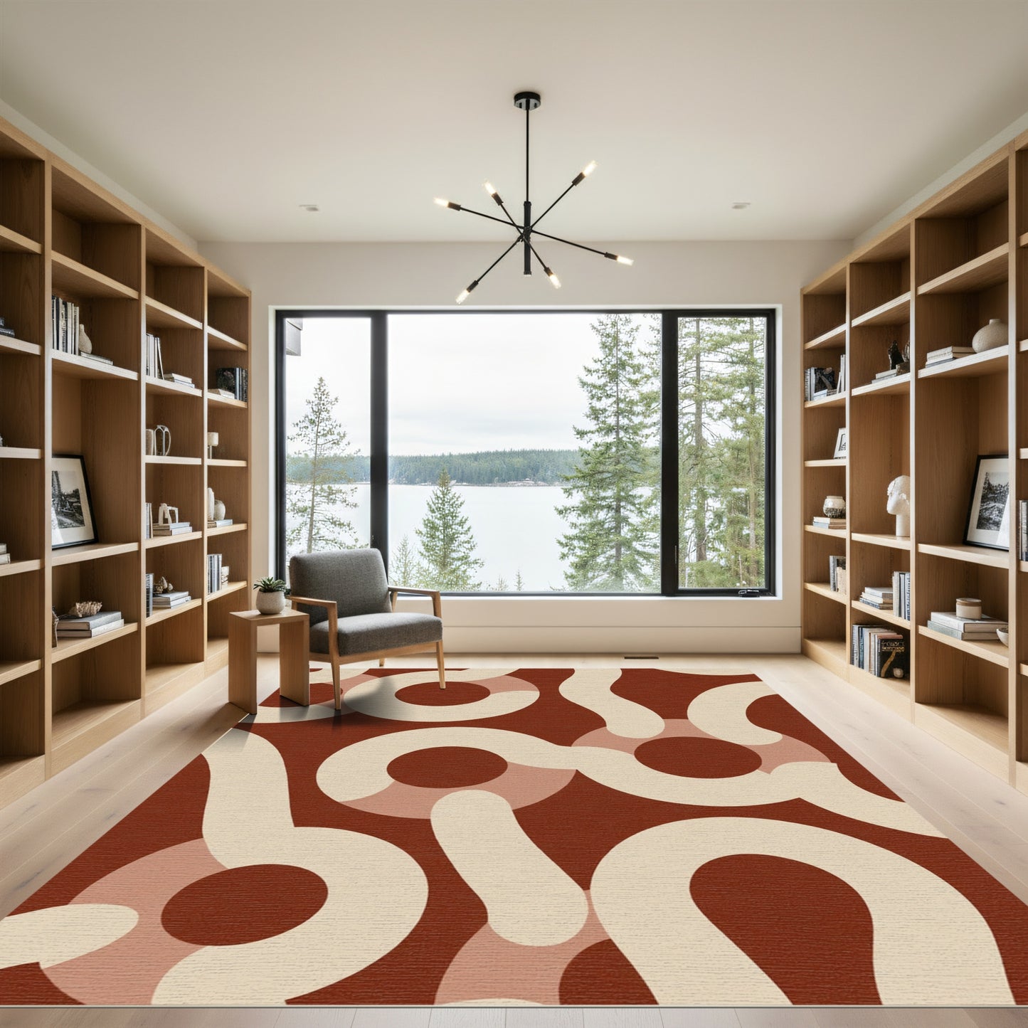 Red Abstract Swirl Geometric Rug