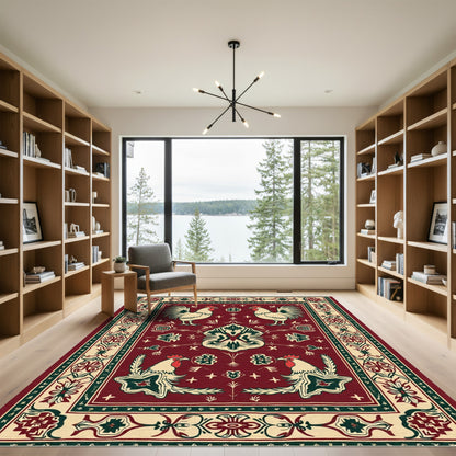 Crimson Rooster Folk Art Rug