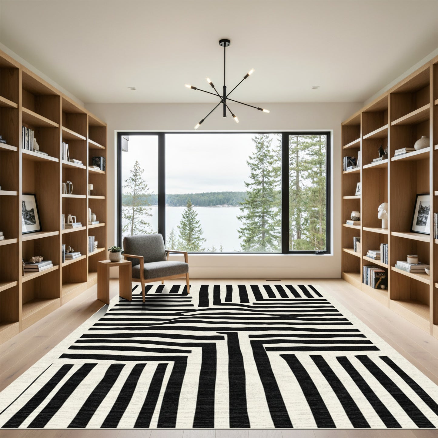 Bold Black White Abstract Stripe Rug