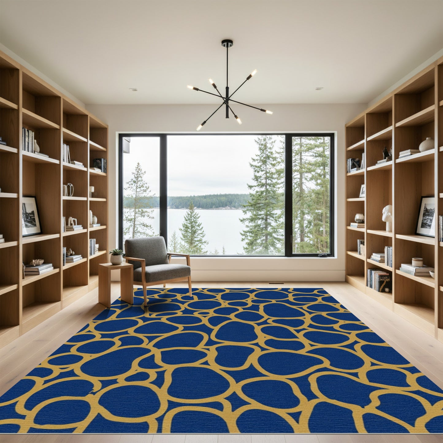 Deep Blue Gold Organic Shapes Rug