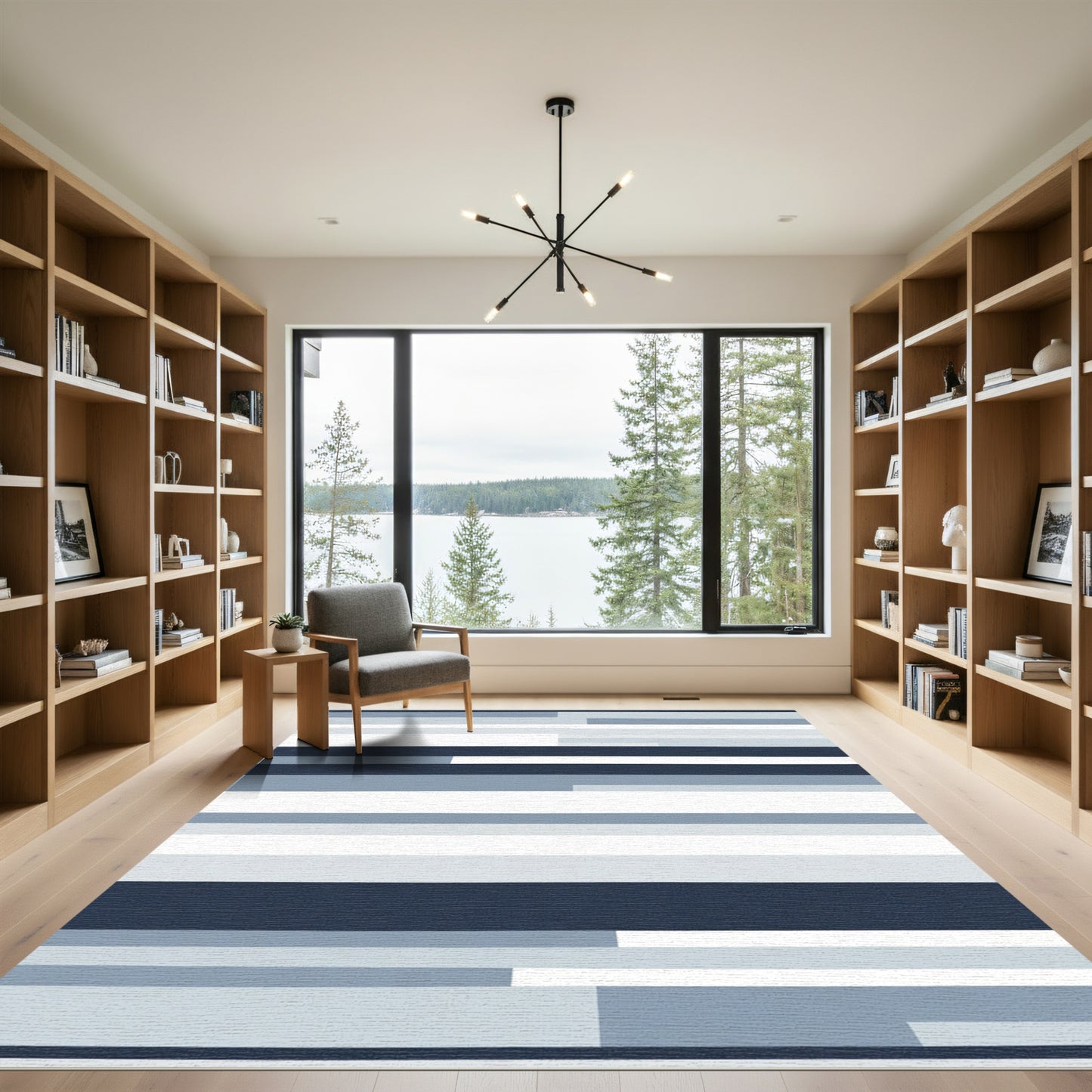Modern Horizontal Blue White Stripe Rug