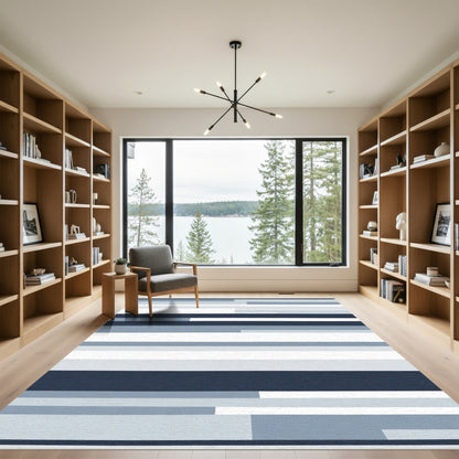 Modern Horizontal Blue White Stripe Rug