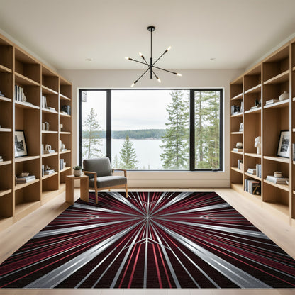 Crimson Silver Art Deco Burst Rug