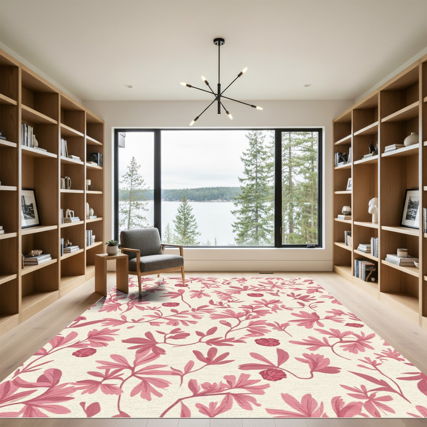 Coral Pink Floral Botanical Branches Rug
