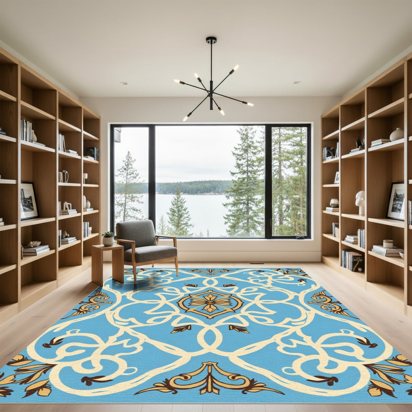 Blue Yellow Damask Floral Scroll Rug