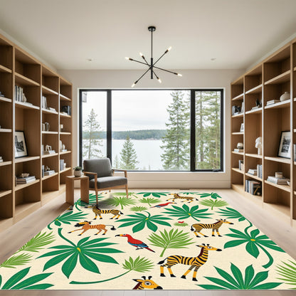 Whimsical Zebra Parrot Jungle Foliage Rug
