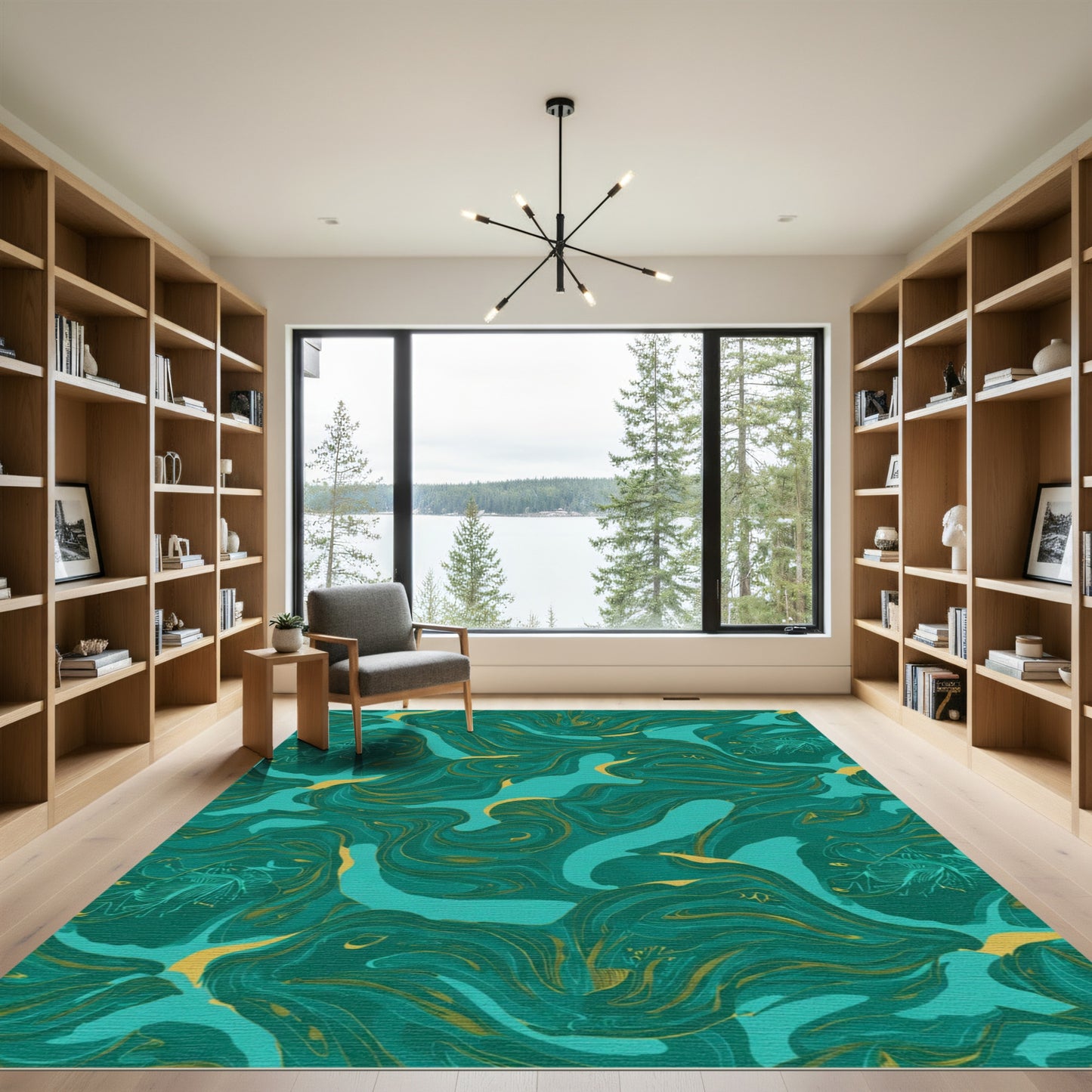 Teal Gold Swirling Marble Abstract Rug
