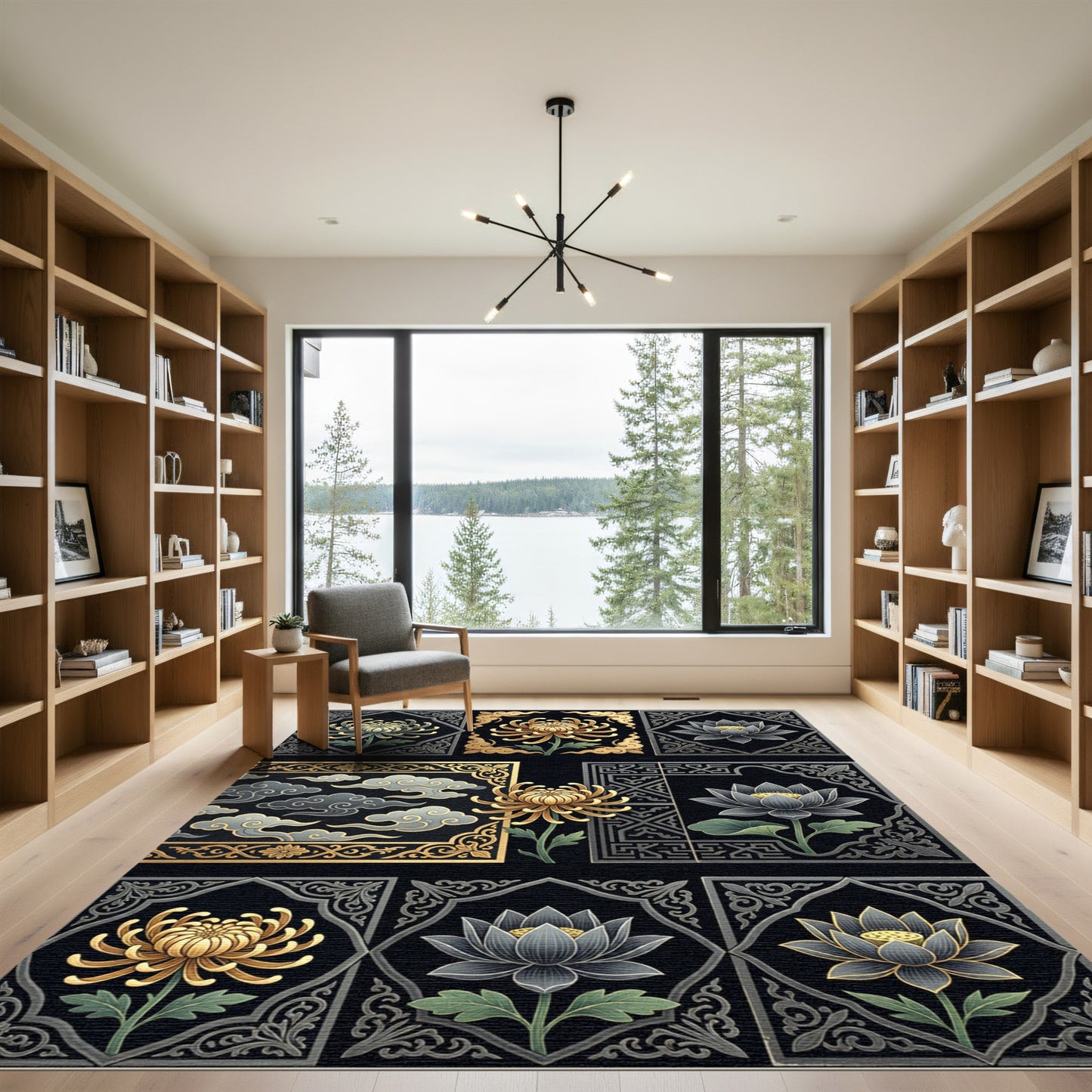 Golden Chrysanthemum Lotus Square Harmony Rug