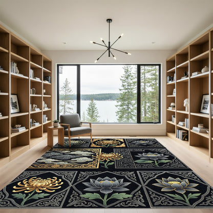 Golden Chrysanthemum Lotus Square Harmony Rug