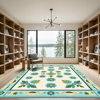 Teal Yellow Floral Garden Composition Rug
