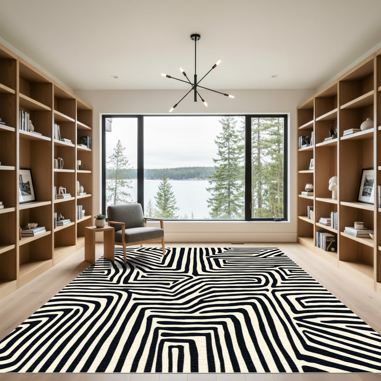Black Cream Labyrinth Lines Rug