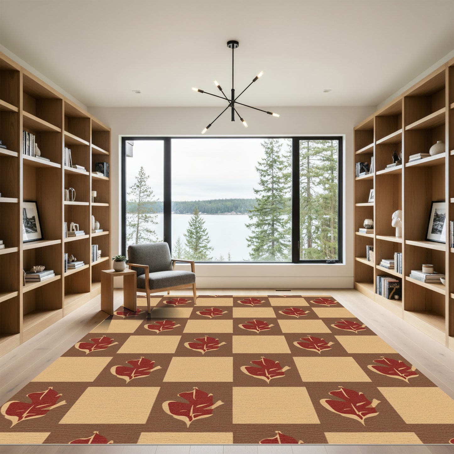 Brown Red Leaf Checkerboard Composition Rug