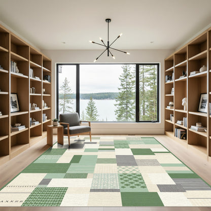 Patchwork Emerald and Beige Geometric Rug