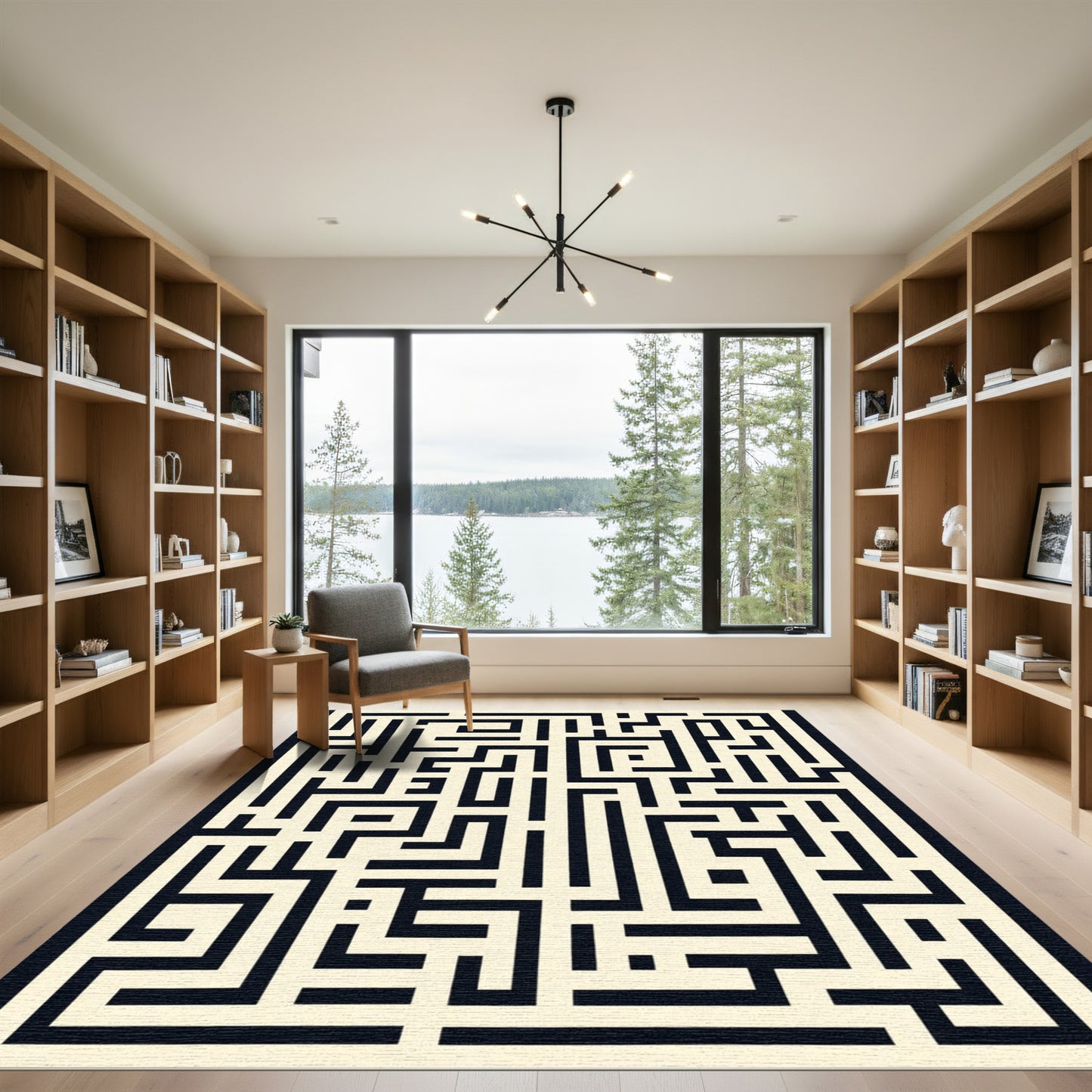 Cream Black Abstract Maze Rug