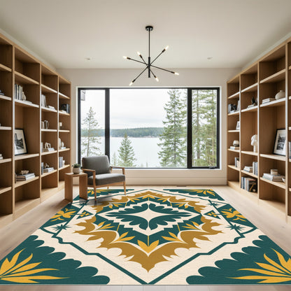 Deep Teal Gold Floral Medallion Rug