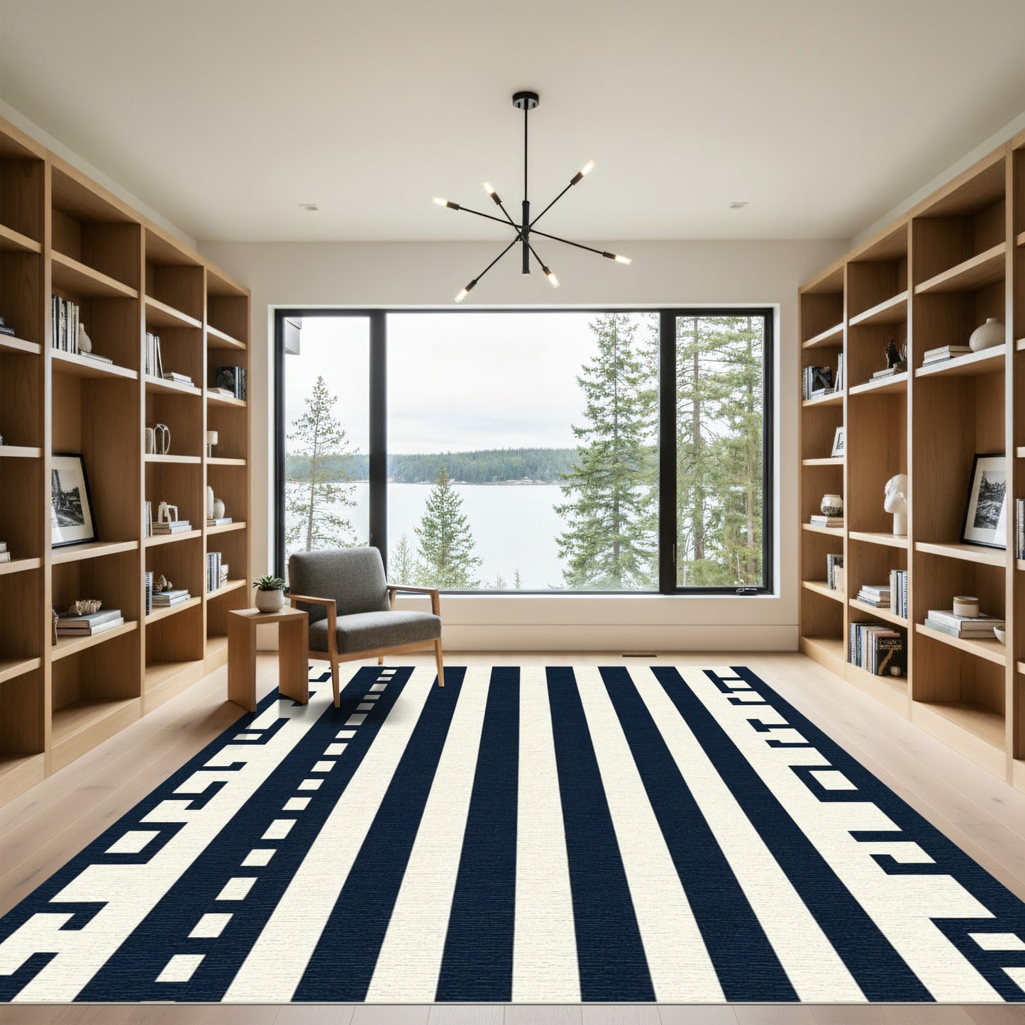 Dark Blue Ivory Bold Stripe Border Rug